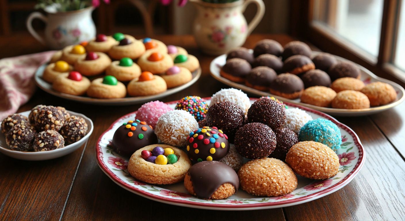 A warm Turkish kitchen with a wooden table displaying an array of freshly baked cookies—round ones topped with colorful candies, chocolate-dipped crescents, hazelnut-studded discs, cocoa-dusted squares, coconut-coated balls, and sesame-speckled ovals—all arranged on a floral-patterned ceramic plate.