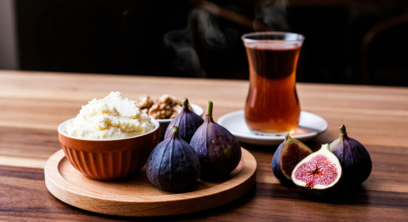 A wooden table in a Turkish kitchen holds a small bowl of creamy mascarpone cheese beside fresh figs and walnuts, with a glass of tea steaming nearby, reflecting a balanced approach to indulgence.