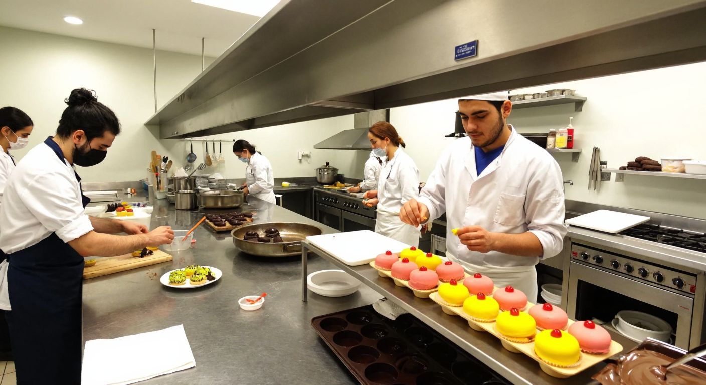A bustling kitchen in Izmir with students in white aprons carefully decorating colorful pastries and melting chocolate, while shelves display neatly arranged baking ingredients and tools.