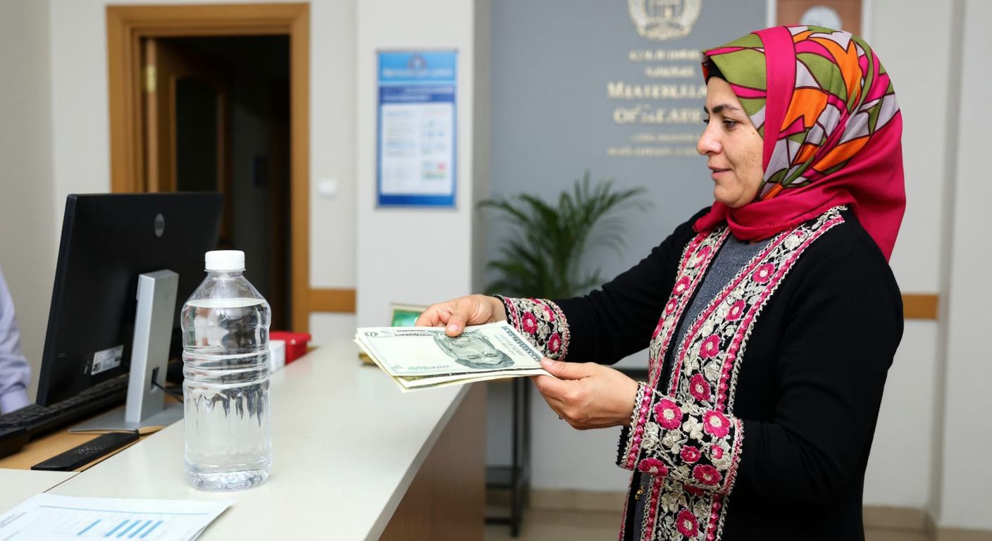 A middle-aged woman in Gaziantep, wearing a colorful headscarf and traditional clothing, stands at a counter in a municipal office, handing over cash to a clerk while holding a water bill, with a computer screen visible in the background.
