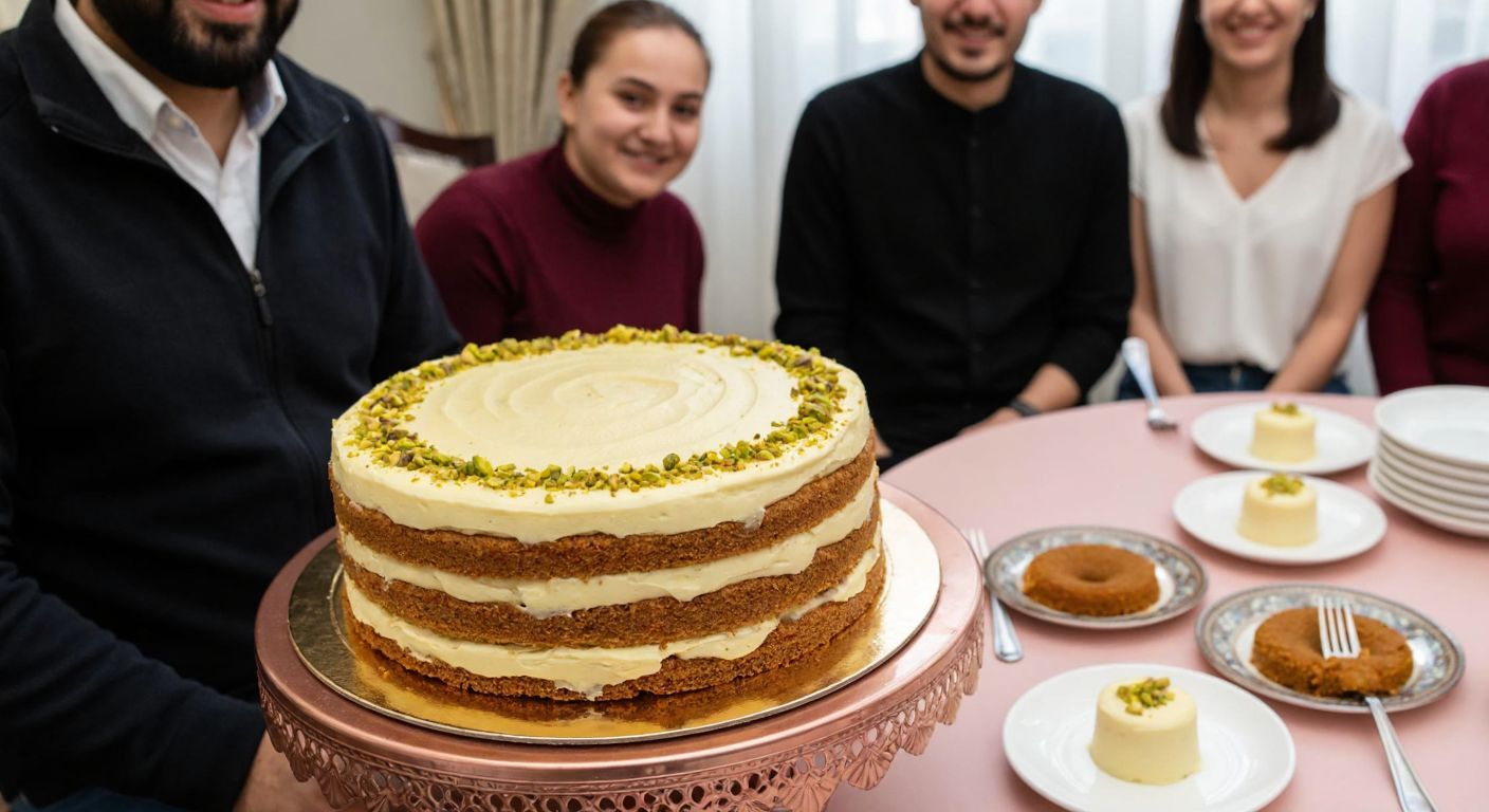 A round, multi-layered Turkish cake with creamy frosting and pistachio garnishes sits on a decorative tray, surrounded by small plates and forks, while a group of smiling people in casual attire gather around it at a festive table.