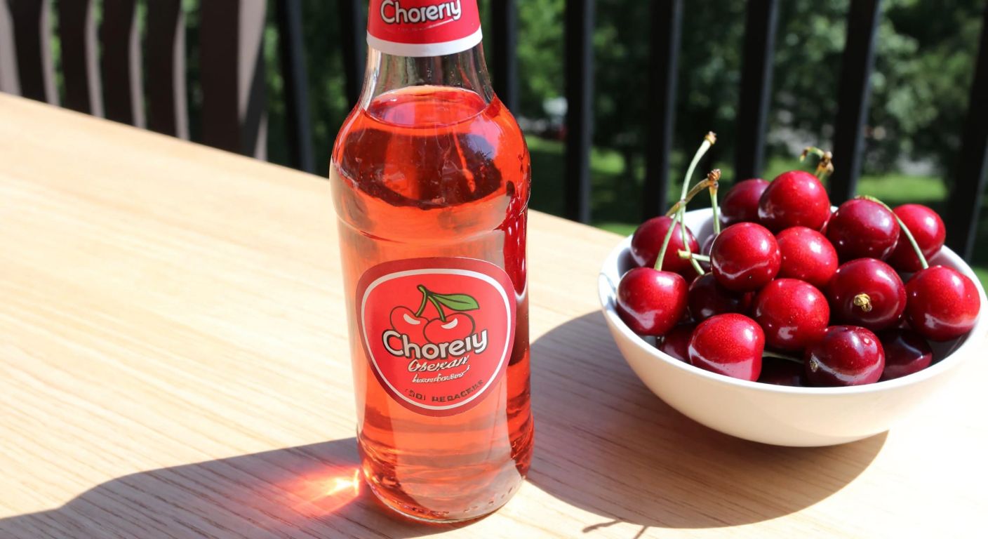A vibrant glass bottle of cherry-flavored soda with a red label, placed on a sunlit wooden table beside a bowl of fresh Turkish sour cherries, evoking a refreshing summer moment.