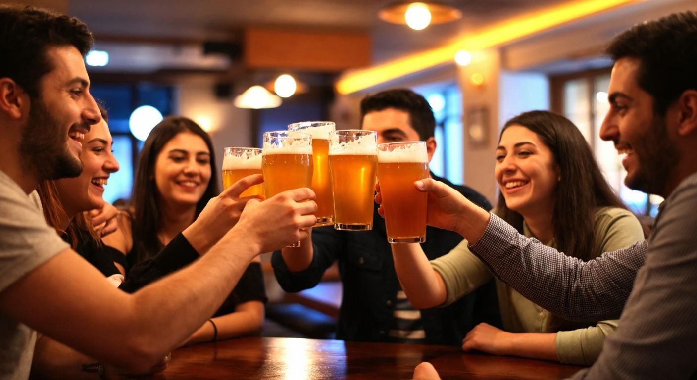 A group of people in a lively Turkish pub clinking frosty glasses of Pera beer, their faces lit with cheerful conversation under warm amber lighting.