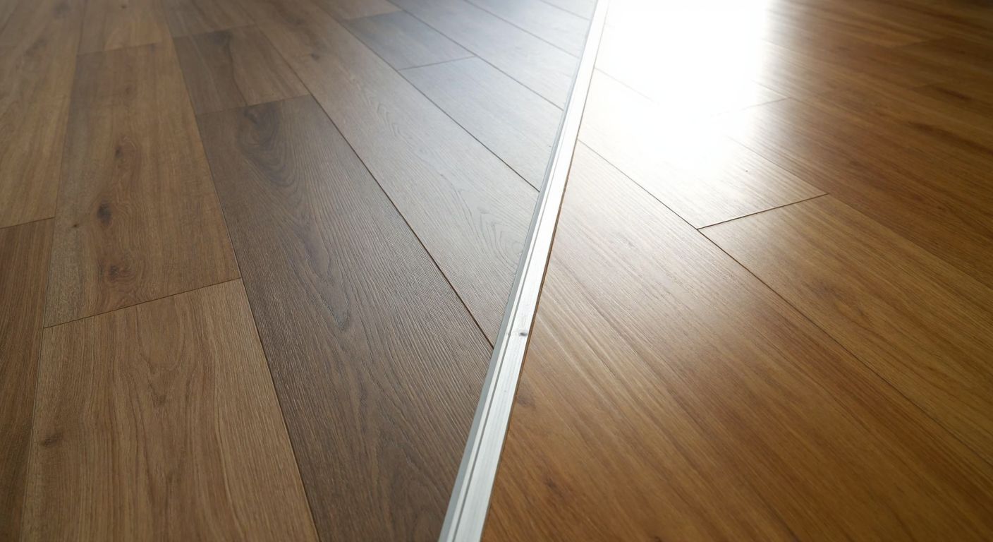 A split image showing two contrasting floor samples—one side with a smooth, uniform laminate plank and the other with a rich, textured lamine parquet—placed side by side on a sunlit wooden floor in a Turkish home.