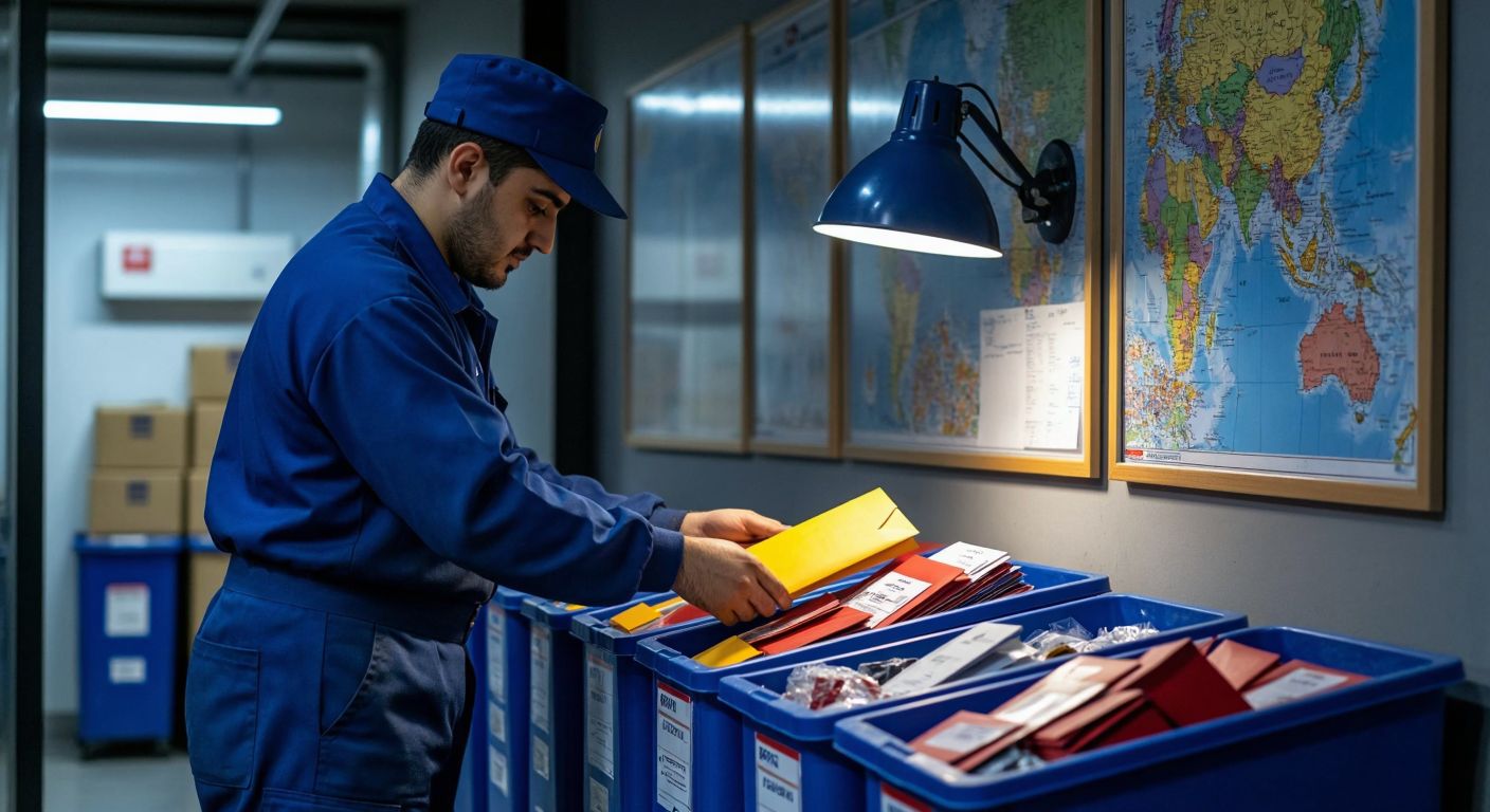 A Turkish postal worker in a blue uniform efficiently sorting colorful envelopes into labeled bins under a bright light, with a detailed map of Turkey's regions in the background.