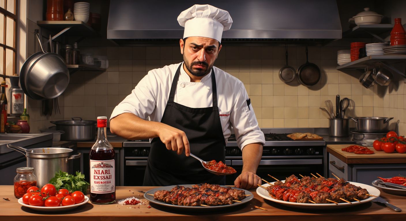 A disappointed chef in a Turkish kitchen holds an empty bottle labeled "nar ekşisi" while frowning at a plate of kebabs, with a government seal stamped on the counter beside him.