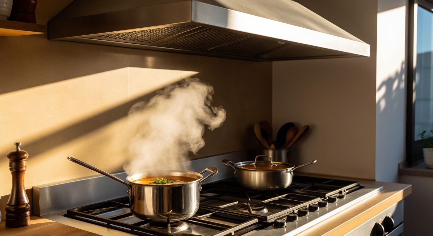 A stainless steel kitchen range hood in a sunlit Turkish home, with a steaming pot of çorba on the stove below and a faint layer of grease on the hood's surface.