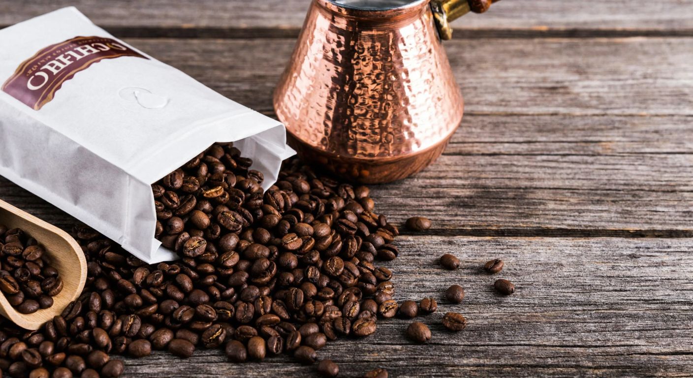 A close-up of a Turkish-style coffee bag with a small valve, resting on a rustic wooden table beside freshly roasted coffee beans and a traditional copper cezve, evoking warmth and freshness.