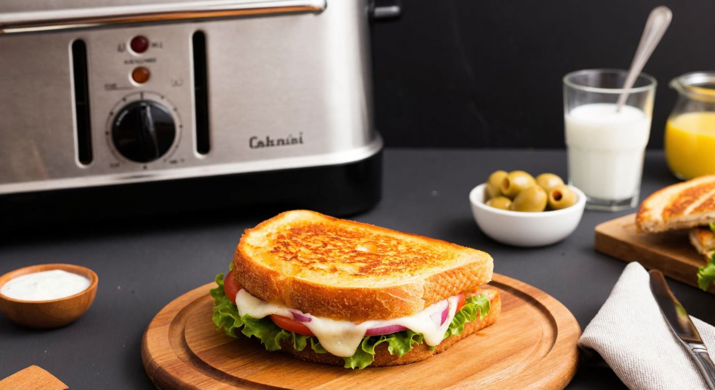 A golden-brown toasted sandwich with melted cheese and fresh vegetables, placed on a wooden cutting board next to a rustic toaster, with a bowl of olives and a glass of ayran in the background, evoking a cozy Turkish breakfast setting.