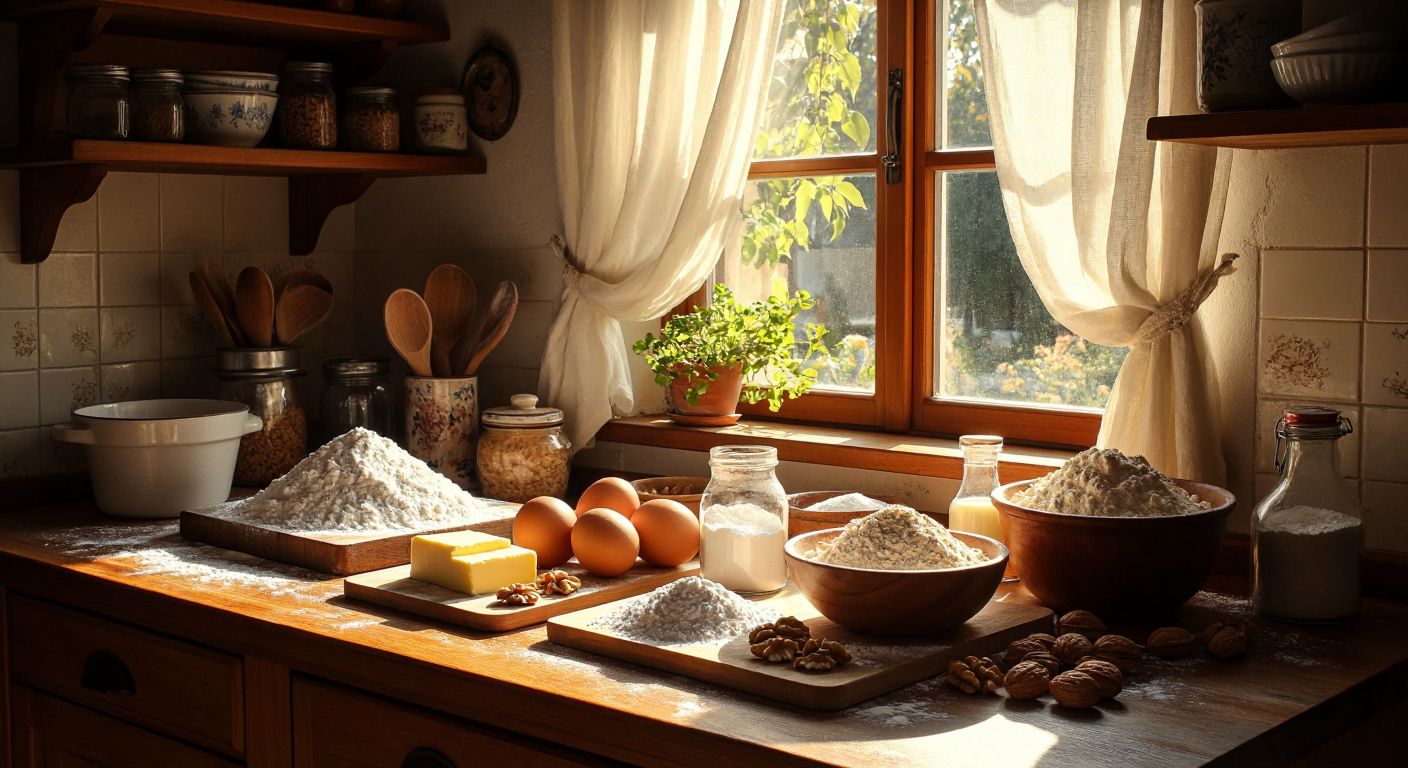 A warm Turkish kitchen with a wooden table displaying flour, powdered sugar, butter, baking powder, vanilla, eggs, and optional walnuts, bathed in golden sunlight.