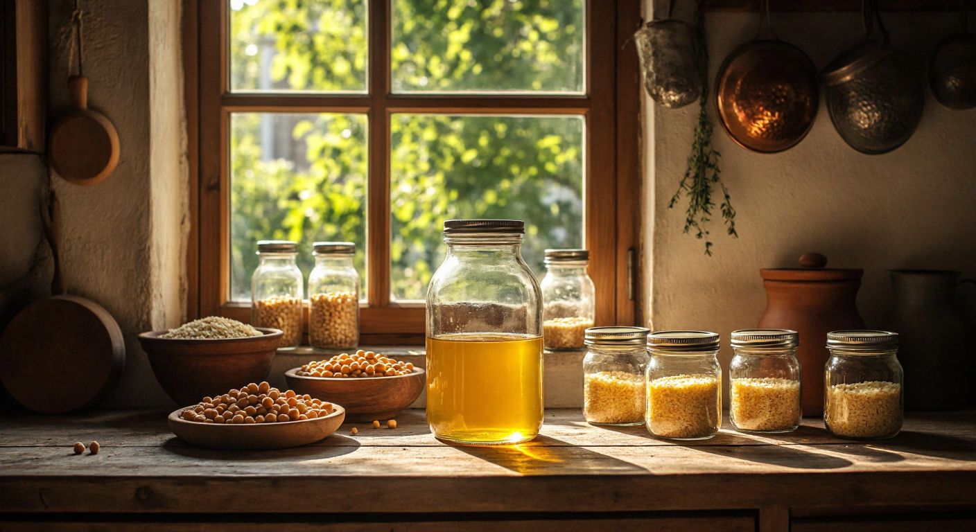 A rustic Turkish kitchen with a glass jar of golden vinegar placed on a wooden counter, surrounded by sterilized jars, chickpeas, and bulgur, bathed in soft light from a shaded window.