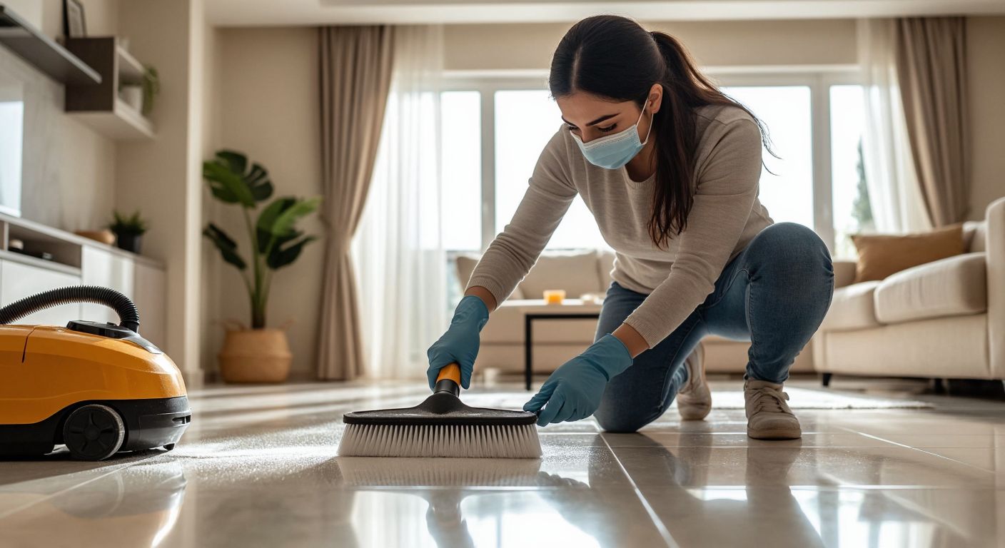 A Turkish woman in a bright, tidy home carefully brushes dust off a HEPA filter with a soft brush, while wearing gloves and a mask, with a vacuum cleaner nearby on a tiled floor.