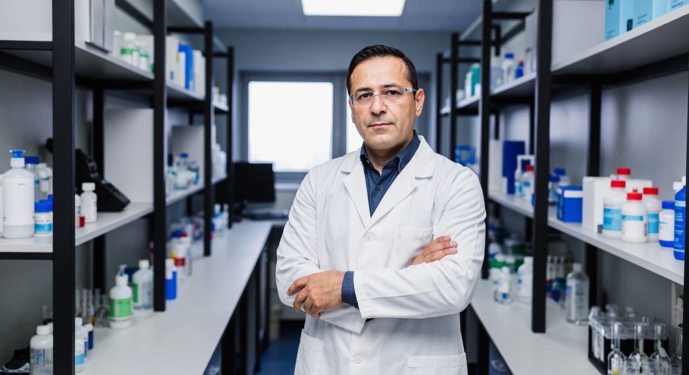 A middle-aged Turkish man in a white lab coat and safety glasses stands confidently in a modern pharmaceutical laboratory, surrounded by glass beakers, test tubes, and shelves of medicine, with a focused expression as he examines a chemical sample.