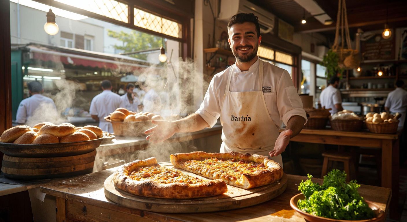 A golden, steaming Bafra pide resting on a wooden table in a bustling Samsun eatery, with a smiling chef in a white apron proudly presenting it alongside a freshly baked Samsun pide, while warm sunlight filters through the window.