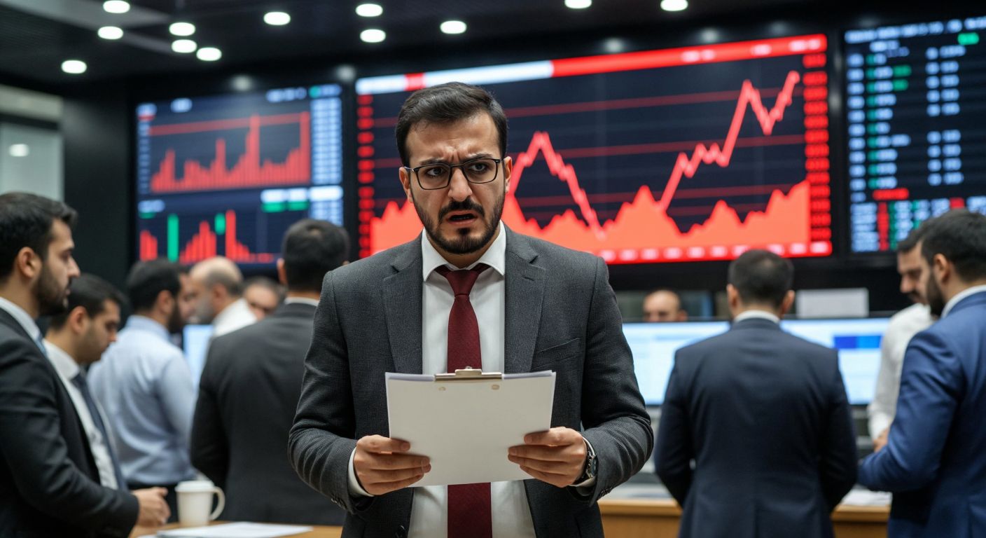 A worried Turkish investor in a bustling Istanbul stock exchange, staring at a large red downward-trending graph of EMKEL shares while holding financial reports and surrounded by anxious colleagues.