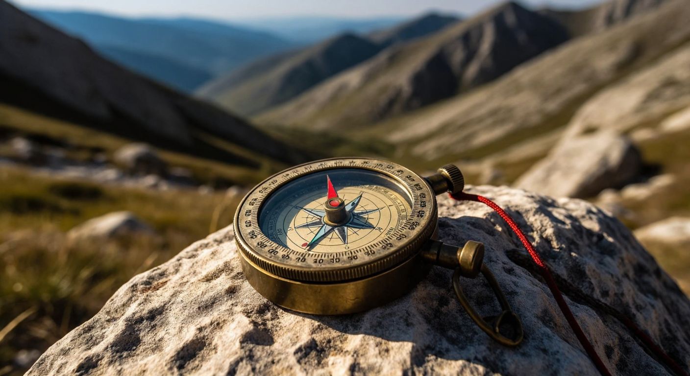 A weathered bronze compass rests on a sunlit rock in a rugged Turkish mountain landscape, its red-tipped needle steadily pointing northward as a hiker’s calloused hand adjusts its position.