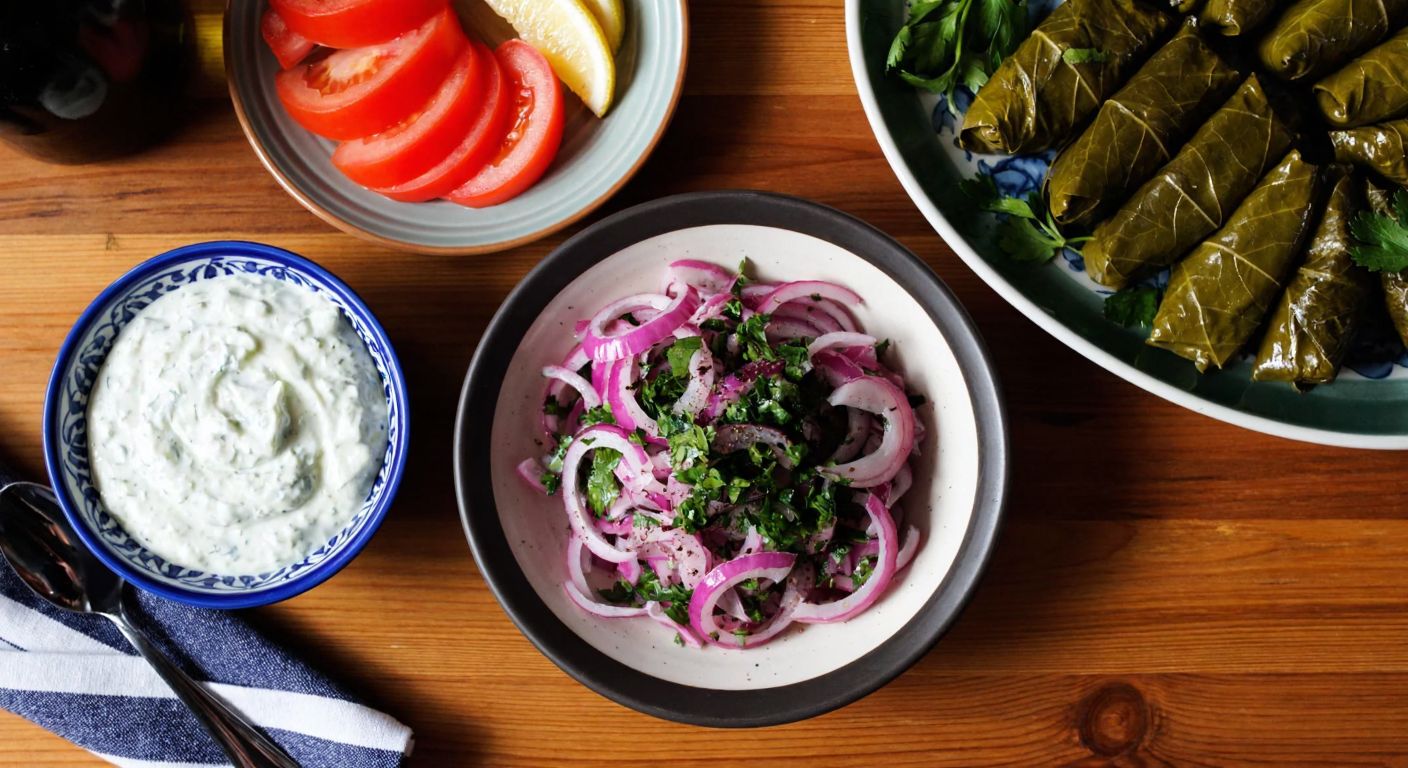 A rustic wooden table in a cozy Albanian kitchen holds a vibrant onion salad with parsley, sumac, and olive oil, alongside a plate of stuffed vine leaves and a bowl of creamy tarator.