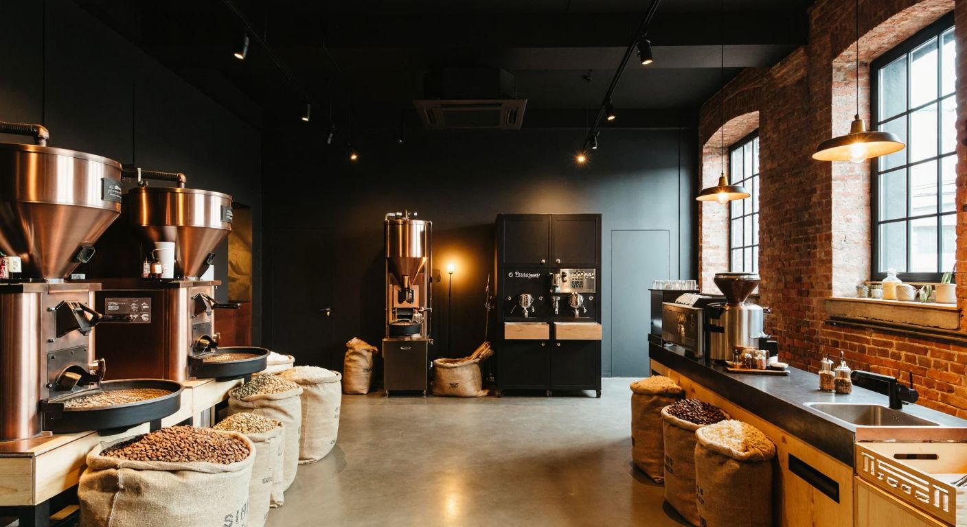A modern coffee roastery with industrial-chic elements, set inside a repurposed brick factory in Istanbul, featuring large coffee roasting machines, burlap sacks of beans, and warm lighting reflecting a cozy yet productive atmosphere.