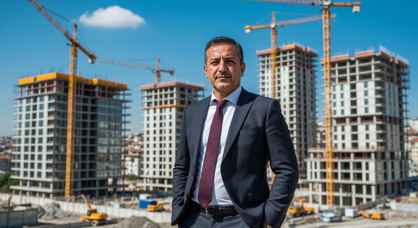 A confident middle-aged Turkish man in a sharp suit stands proudly in front of a modern construction site in Istanbul, with cranes and half-finished high-rises under a clear blue sky.