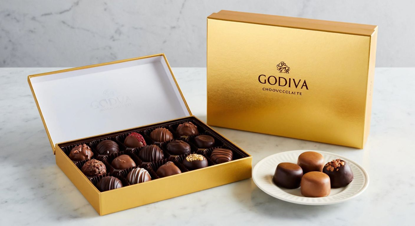 A luxurious golden box of Godiva chocolates sits open on a marble counter, revealing an assortment of rich, glossy truffles and pralines, with a few pieces elegantly arranged on a small porcelain plate beside it.
