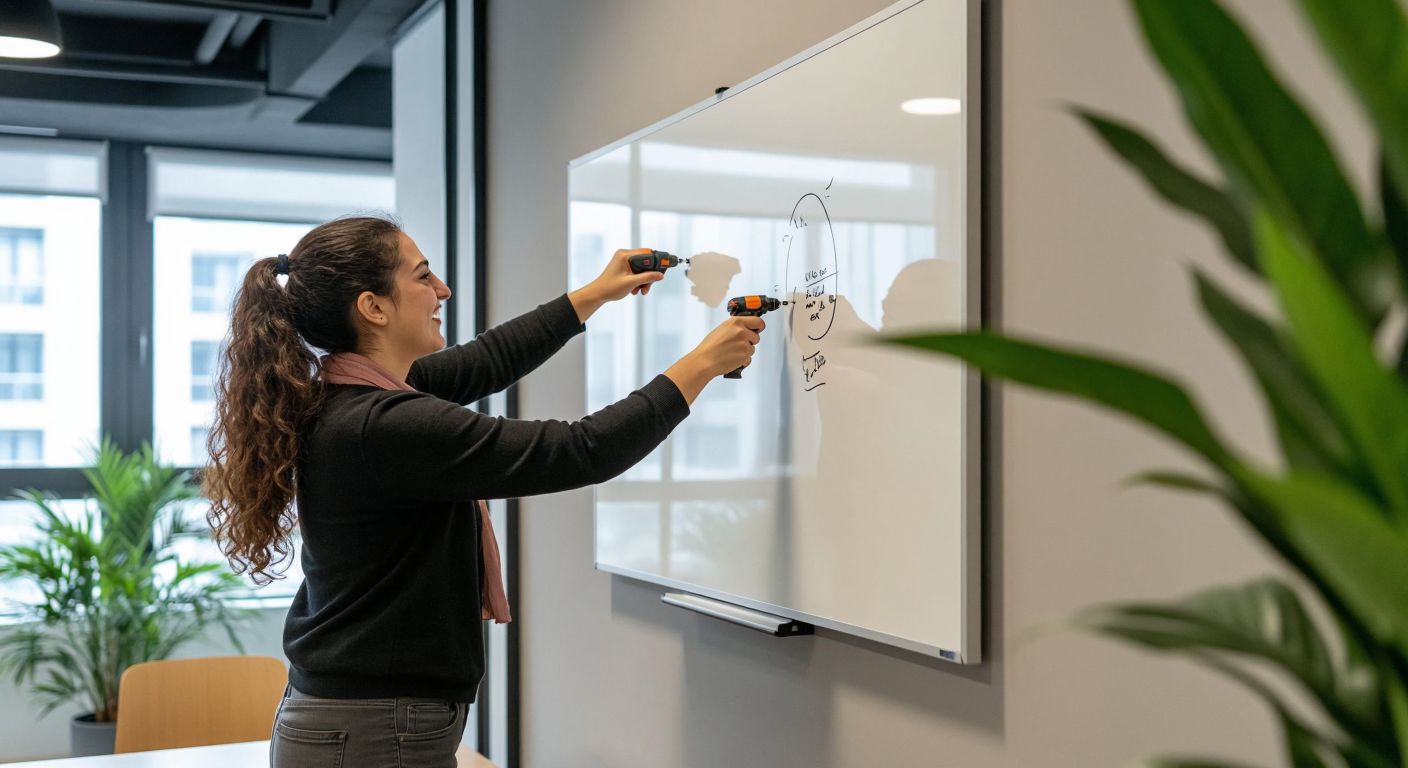 A person in a modern Turkish office confidently mounts a sleek whiteboard on a light-colored wall using a drill, while another colleague hands them a dry-erase marker, both smiling with focused determination.