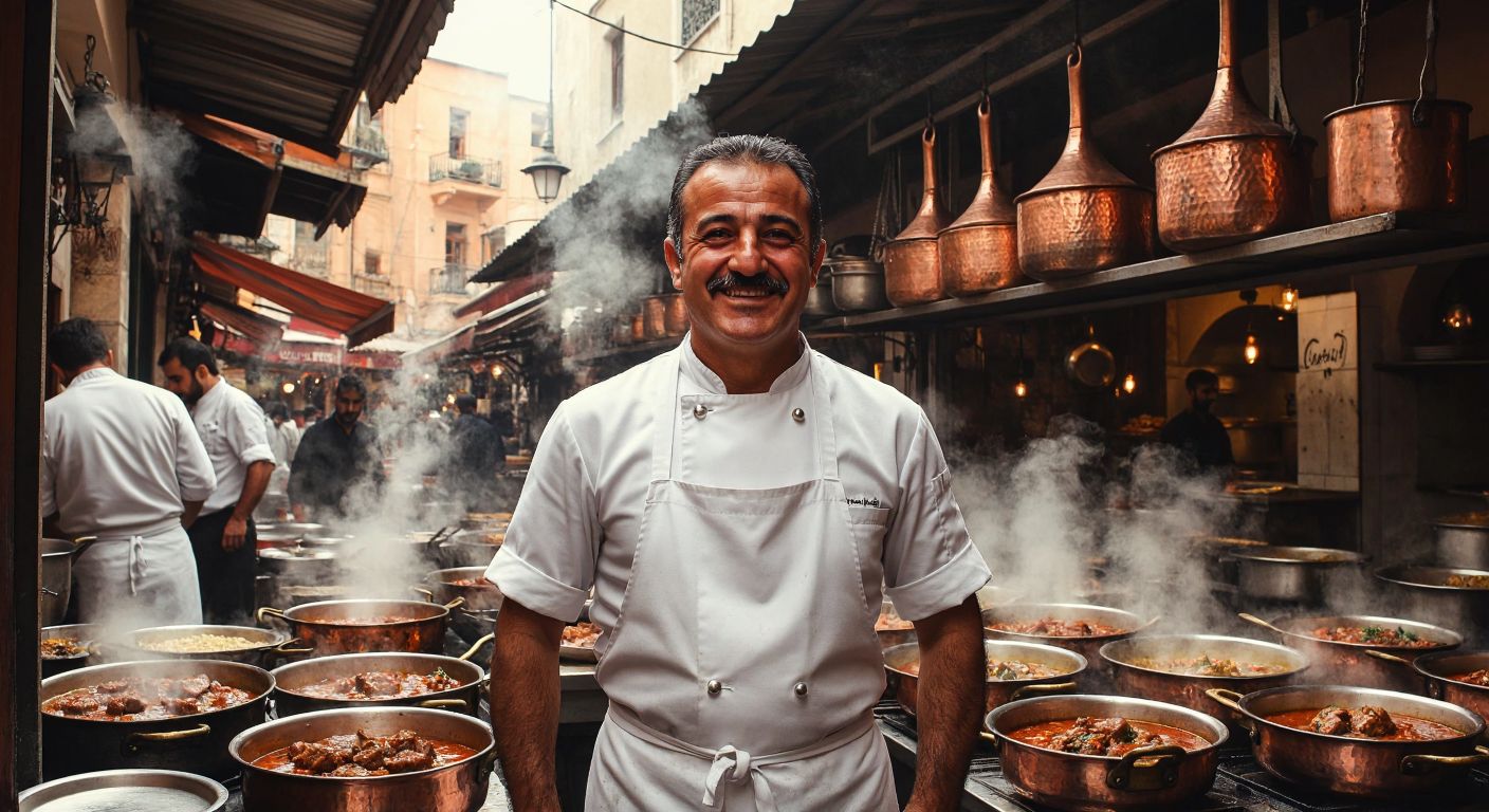 A middle-aged Turkish man with a warm smile, wearing a white chef's apron, stands proudly in front of a bustling traditional lokanta with steam rising from copper pots of simmering stews.