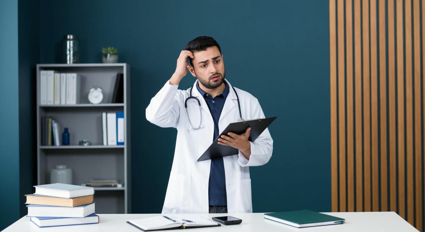 A puzzled Turkish doctor in a white coat stands in a clinic, scratching their head while holding a clipboard, surrounded by medical books and a stethoscope on the desk.