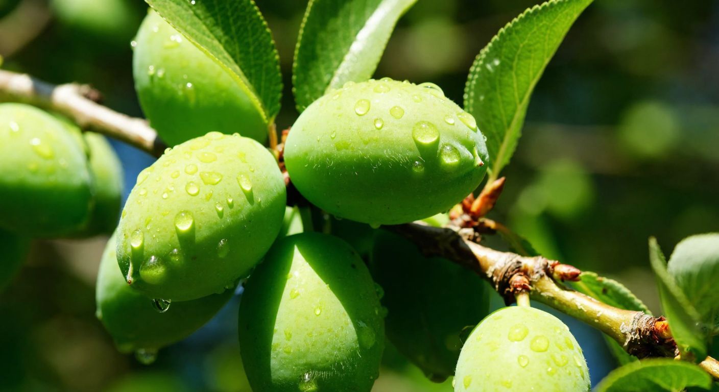 A vibrant close-up of fresh green unripe plums (çağla) with dewdrops, still attached to a leafy branch under warm sunlight, evoking the crisp tartness of early spring in Turkey.