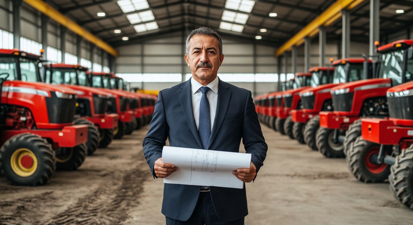 A middle-aged Turkish businessman in a crisp suit stands proudly in front of a warehouse filled with agricultural machinery, holding a blueprint with a determined expression.