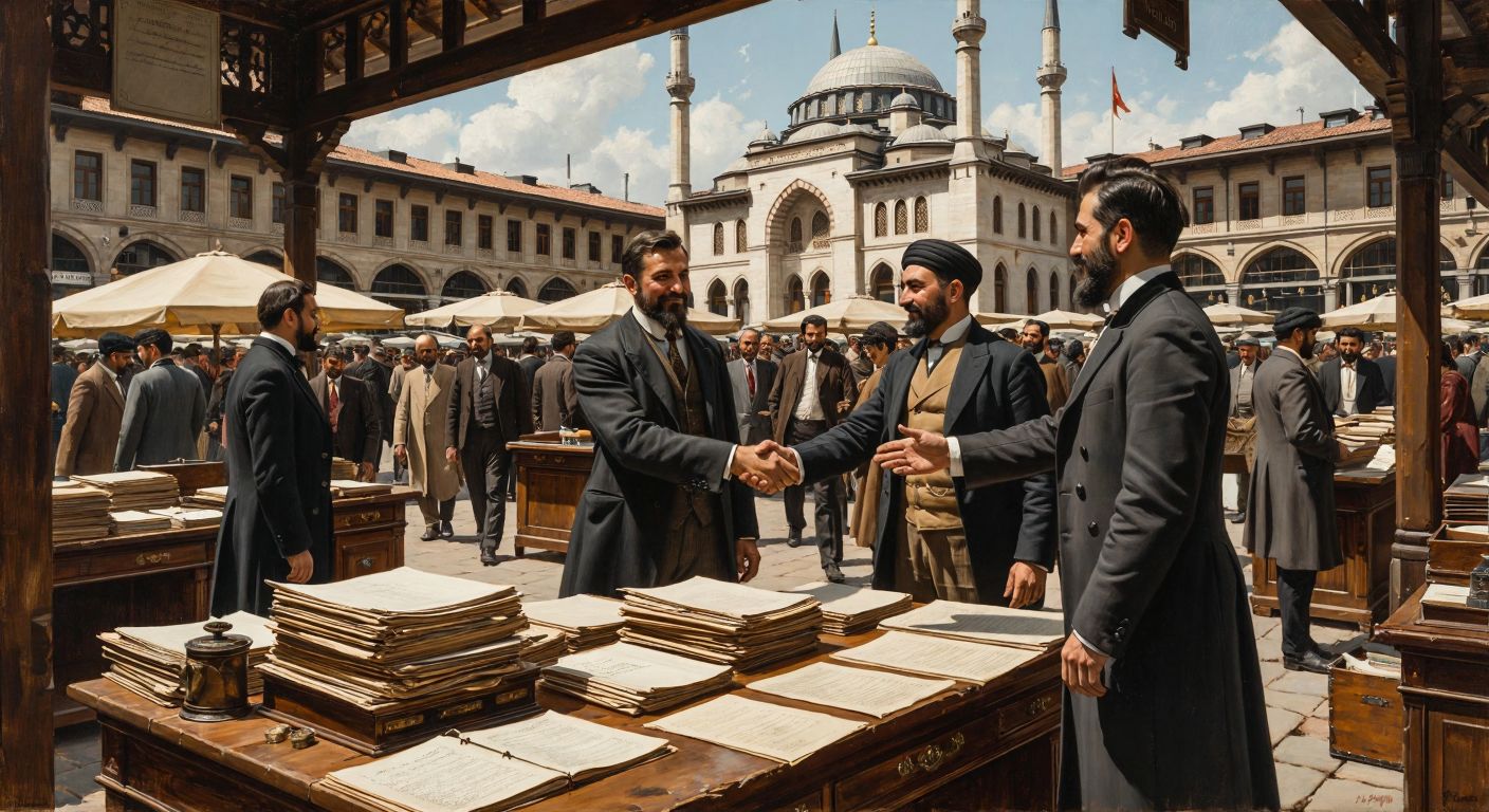 A bustling Ankara marketplace with merchants in formal attire shaking hands, stacks of ledgers and documents on wooden desks, and a grand Ottoman-style building in the background symbolizing trade governance.
