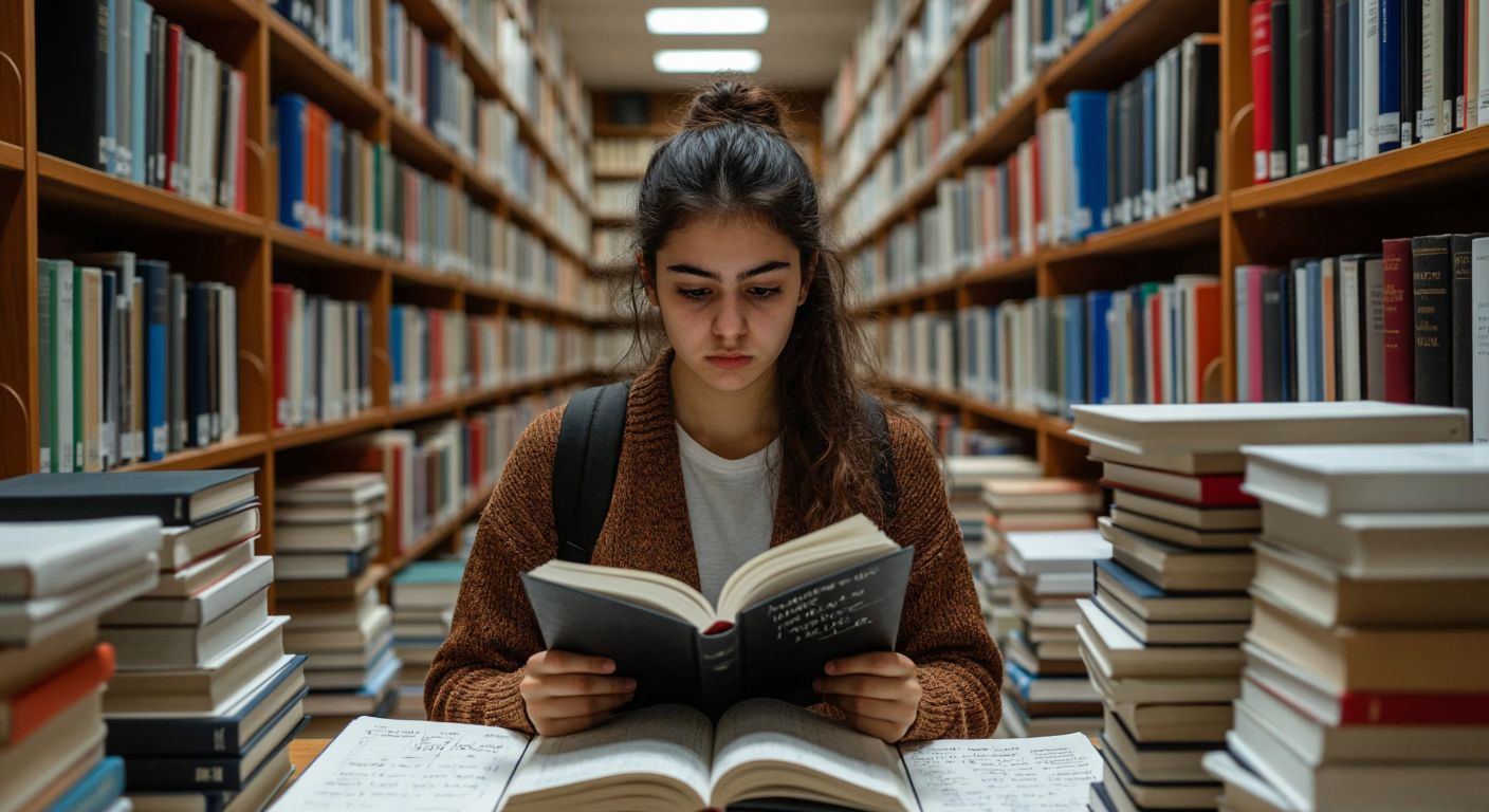 A young Turkish student in a university library, surrounded by towering stacks of math textbooks, intently solving equations on a notebook with a determined expression.