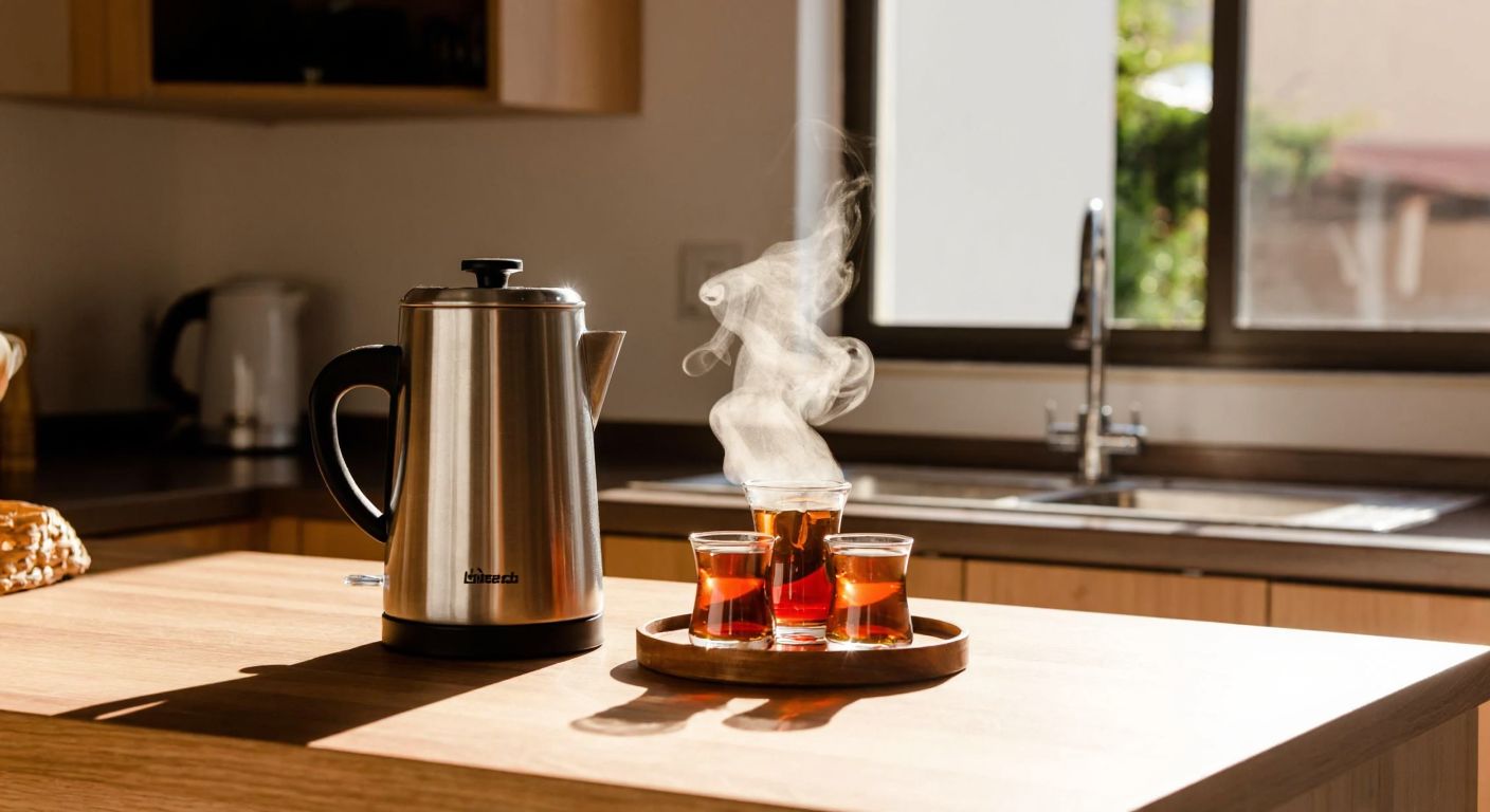 A stainless steel tea maker with a glass teapot sits on a wooden kitchen counter in a sunlit Northern Cypriot home, steam rising from its spout beside a small tray of traditional Turkish tea glasses.