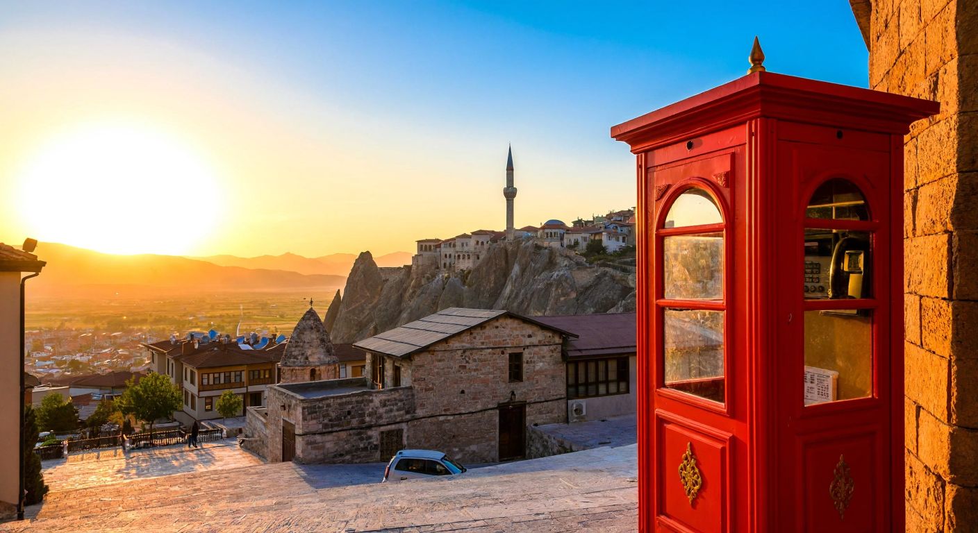 A traditional Turkish phone booth in Afyonkarahisar, with a warm sunset casting golden light over the city's historic stone buildings.