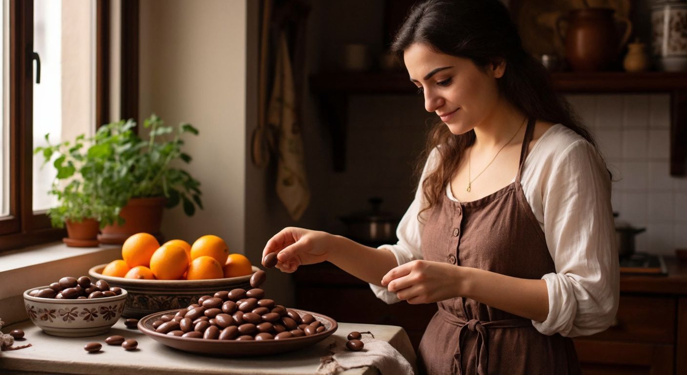 A Turkish woman in a cozy kitchen carefully measures a handful of milk-chocolate-dipped almonds onto a small ceramic plate while glancing at a bowl of fresh fruit nearby.