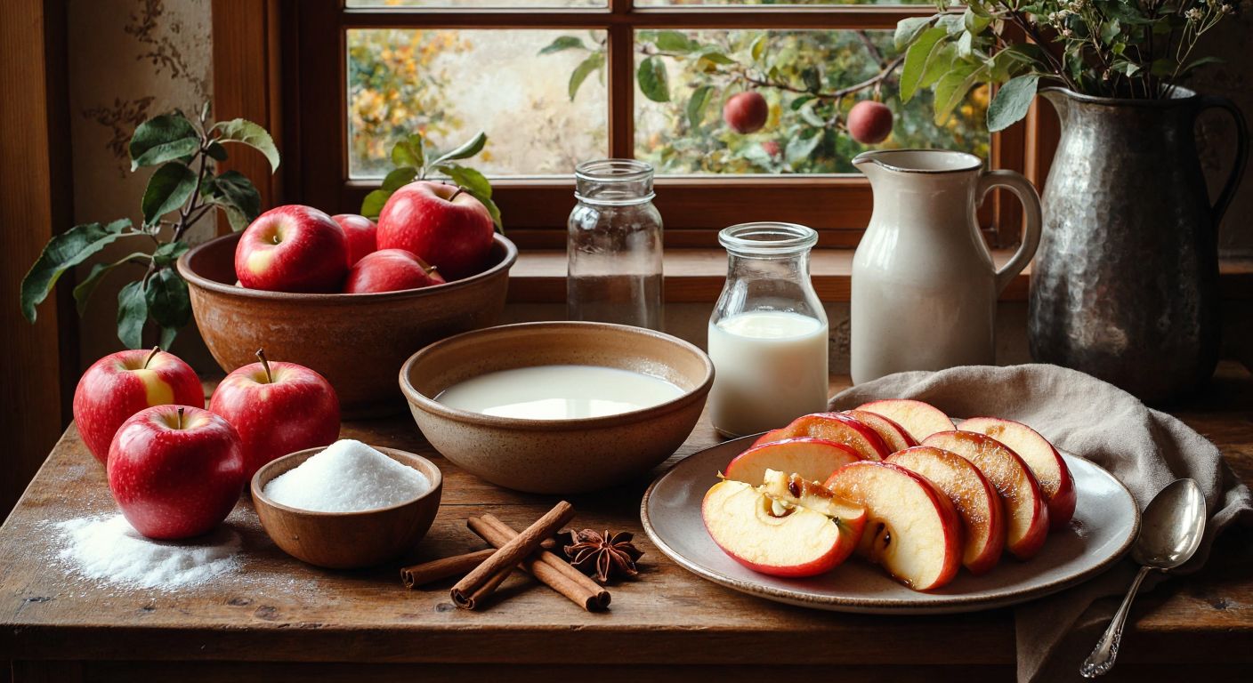 A warm Turkish kitchen with a wooden table displaying fresh apples, eggs, milk, sugar, and cinnamon arranged neatly beside a mixing bowl, while golden apple cake slices steam on a ceramic plate nearby.