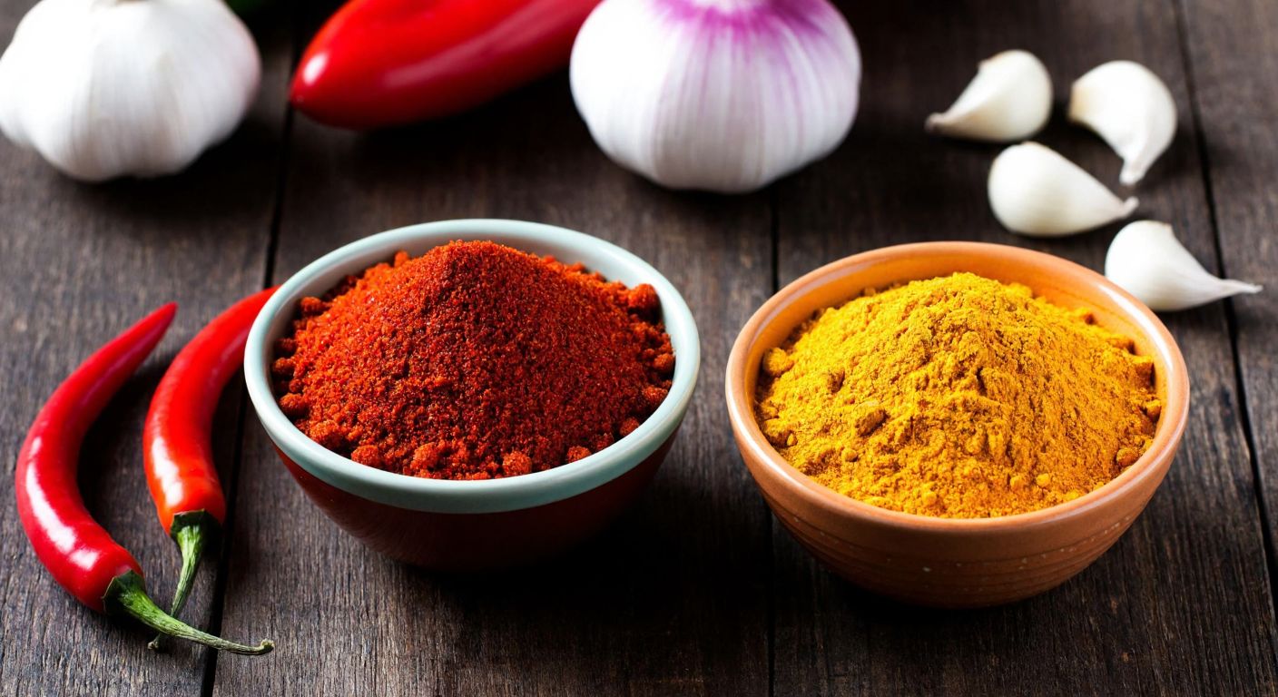 A rustic wooden table holds two small bowls—one filled with vibrant red-orange Cajun spices and the other with golden-yellow curry powder, surrounded by fresh ingredients like garlic, onions, and peppers, evoking the distinct culinary traditions of Louisiana and India.