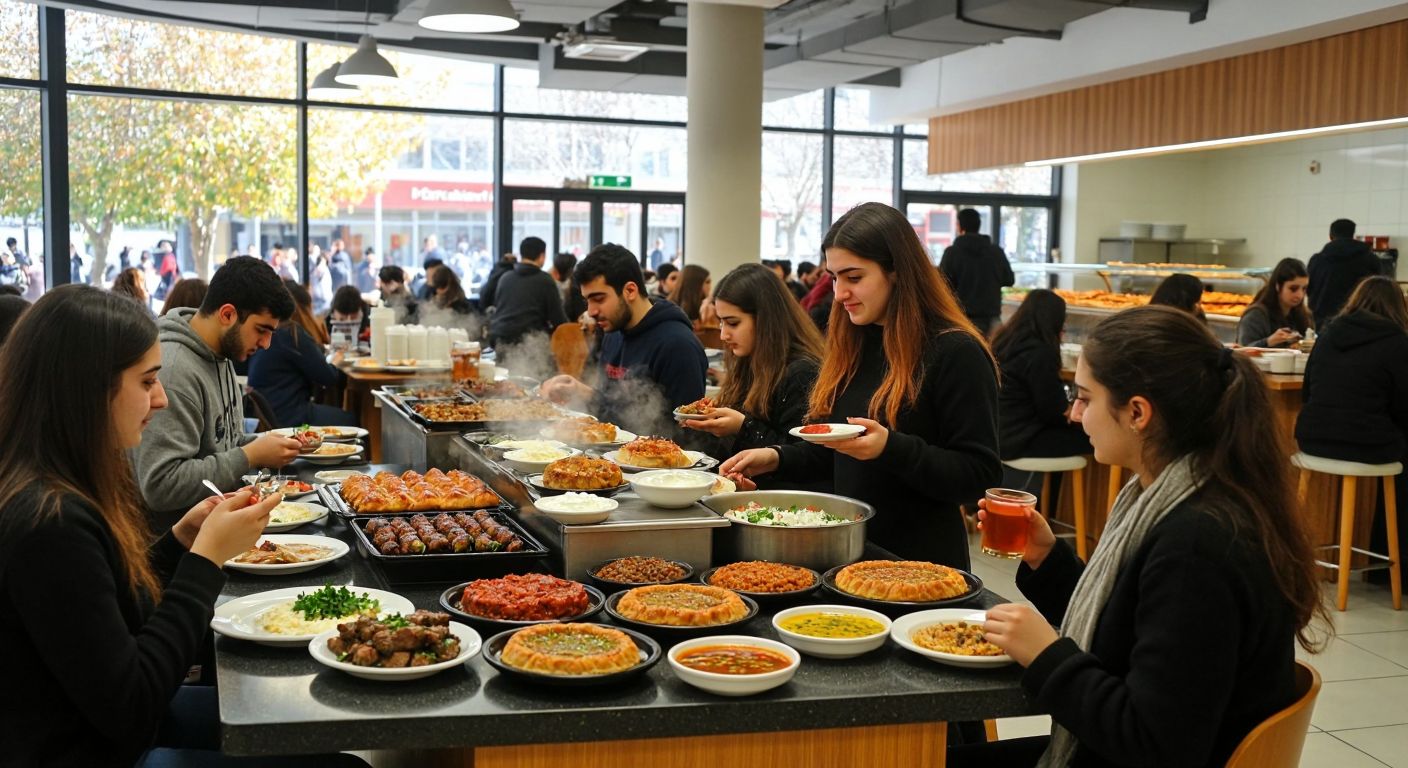 A bustling university cafeteria in Turkey with students and staff enjoying plates of kebabs, lentil soup, and yogurt dishes, while a nearby kiosk serves steaming cups of Turkish tea and trays of baklava.