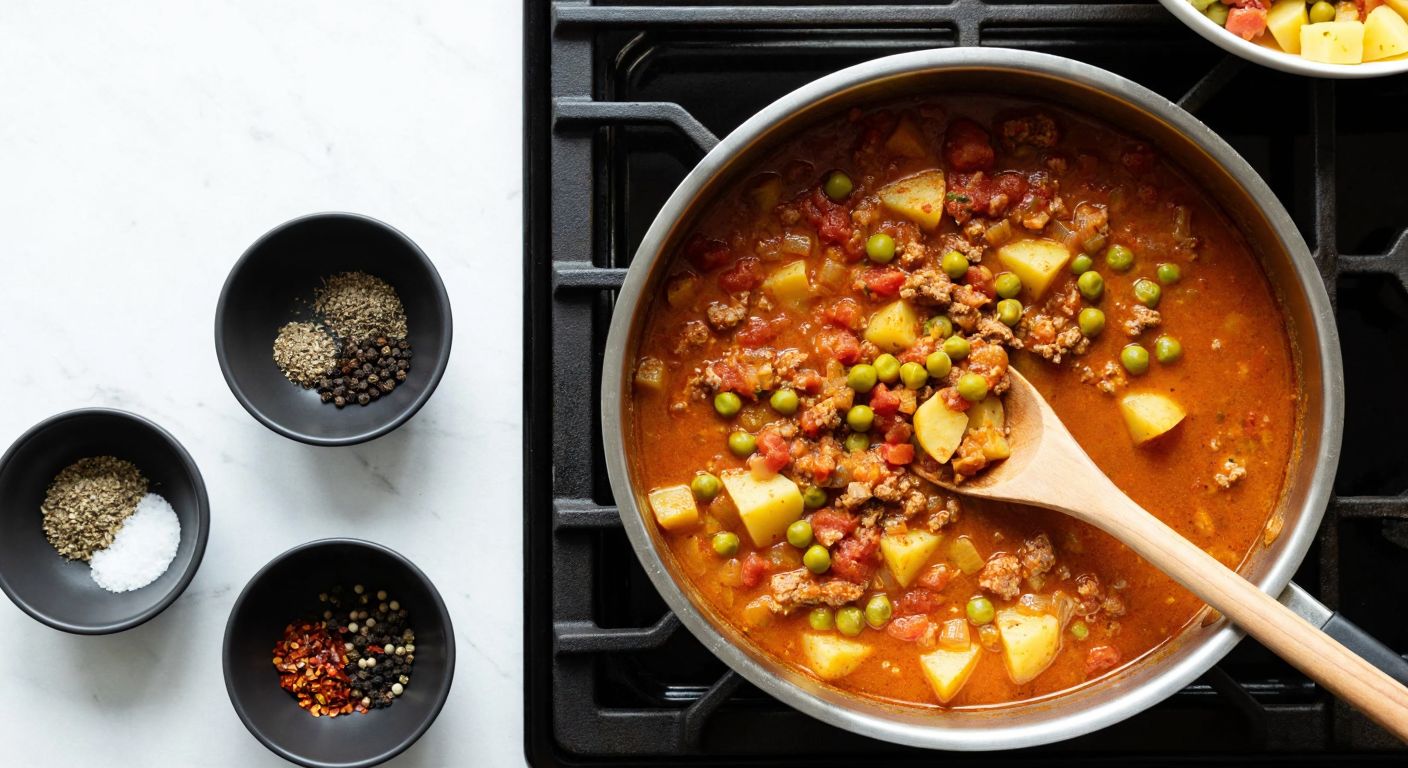 A steaming pot of minced meat, potato, and pea stew sits on a stove, surrounded by small bowls of black pepper, red pepper flakes, and cumin, with a wooden spoon resting nearby.