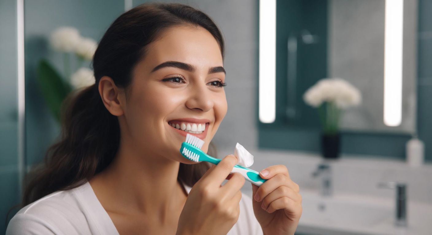 A close-up of a Turkish woman with a bright smile carefully squeezing a pea-sized amount of toothpaste onto a toothbrush in a well-lit modern bathroom.
