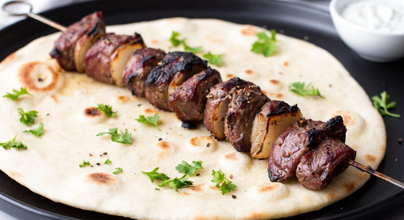 A sizzling skewer of grilled lamb and tail fat, seasoned with cumin and black pepper, resting on a warm flatbread with fresh herbs scattered around.