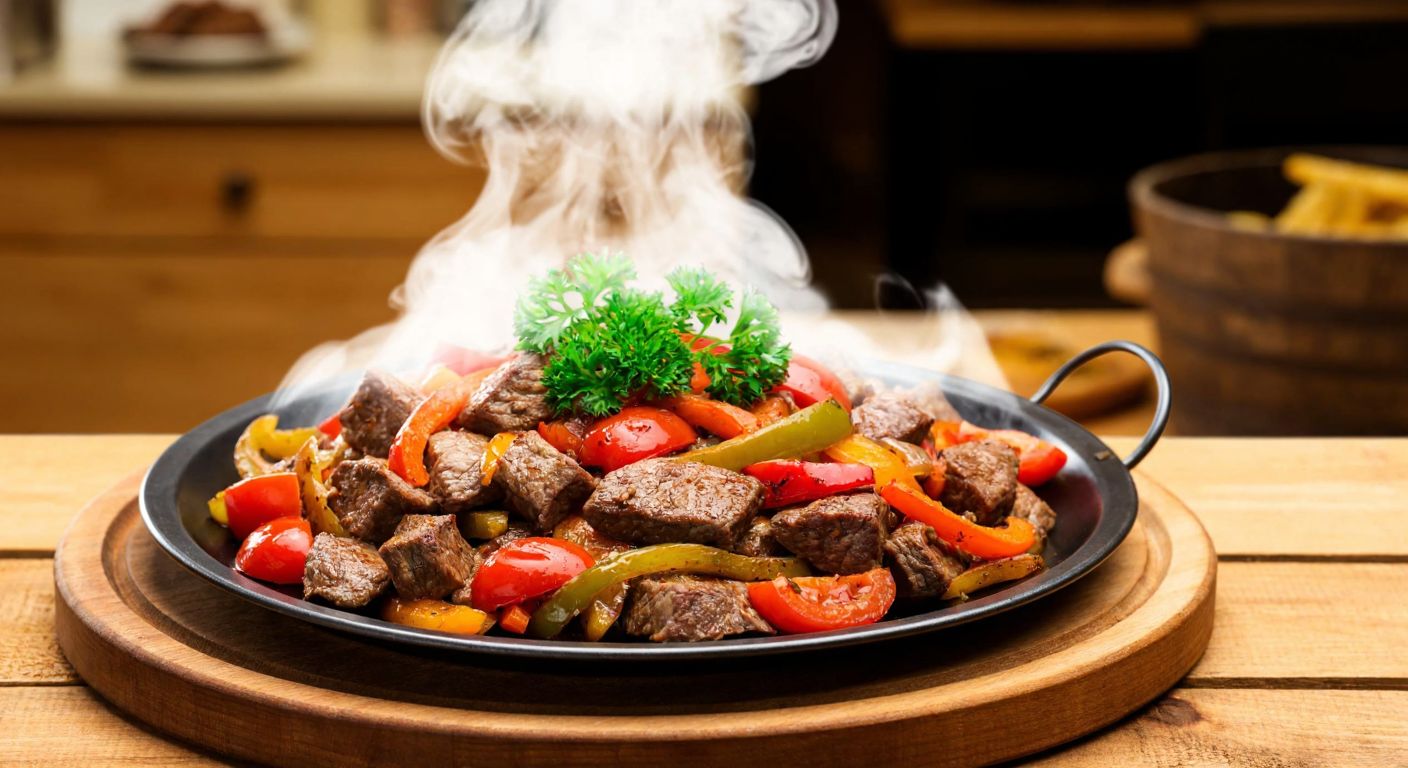 A steaming plate of sautéed meat and vegetables with vibrant peppers and tomatoes, garnished with fresh parsley, set on a rustic wooden table in a cozy Turkish kitchen.