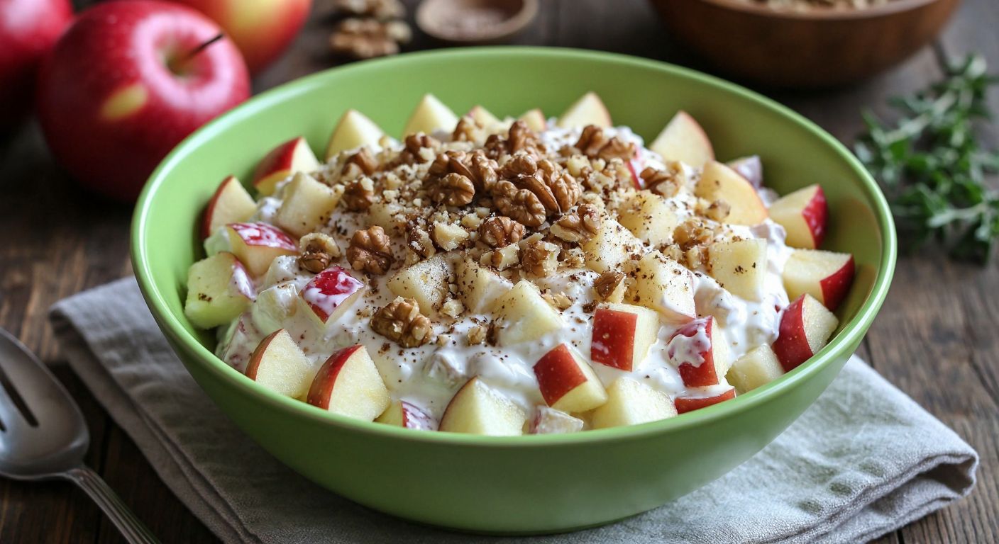 A rustic wooden table in a Turkish kitchen holds a bright green bowl filled with diced tart apples mixed in a creamy yogurt-mayonnaise dressing, topped with crushed walnuts and a sprinkle of nutmeg.