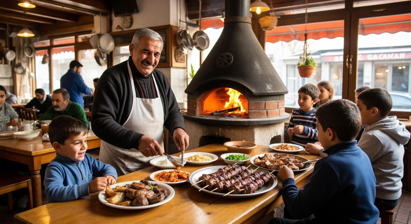 A warm, bustling Konya restaurant with an elderly man (Ali İyigökler) smiling proudly beside a traditional tandır oven, surrounded by his sons and grandchildren preparing sizzling kebabs, while customers enjoy the aromatic dishes at wooden tables.