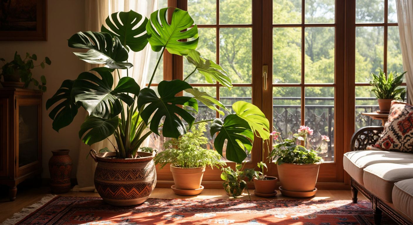 A lush Monstera plant with large, glossy leaves sits in a bright Turkish living room near a sunlit window, with a traditional kilim rug and ceramic pots adding warmth to the space.