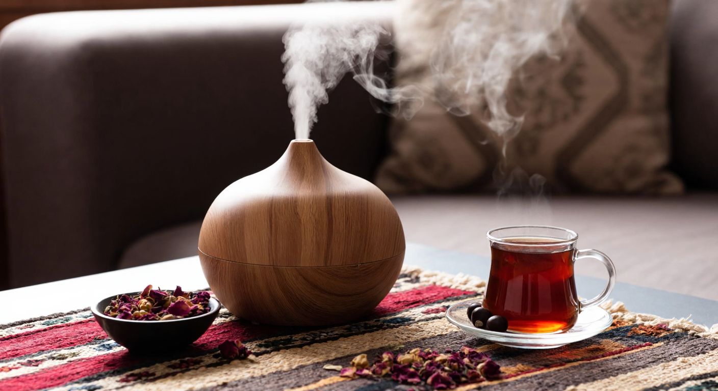 A serene Turkish living room with a wooden aroma diffuser emitting a gentle lavender-scented mist, placed beside a small bowl of dried rose petals and a cup of steaming çay on a woven kilim.