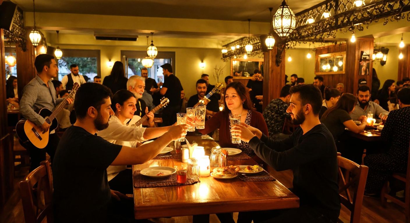 A lively Turkish meyhane in Florya with wooden tables, glowing lanterns, and patrons clinking raki glasses while musicians play a saz in the warm, bustling atmosphere.