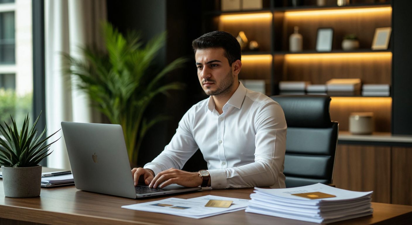 A modern Turkish office worker in a crisp white shirt sits at a wooden desk, confidently navigating a sleek laptop while surrounded by stacks of neatly organized financial documents, a gold credit card, and a small potted plant under warm indoor lighting.