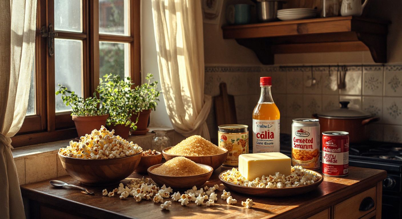 A warm Turkish kitchen with a wooden countertop displaying fresh popcorn kernels, a bowl of golden-brown sugar, a block of butter, a bottle of syrup, a can of sweetened condensed milk, and a small jar of baking soda, all bathed in soft afternoon light.