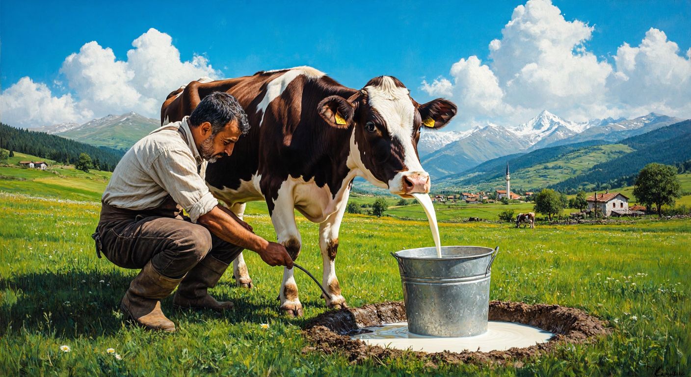 A Turkish dairy farmer in a green field gently milking a cow, with fresh milk pouring into a metal bucket, surrounded by lush pastures and distant mountains under a bright blue sky.