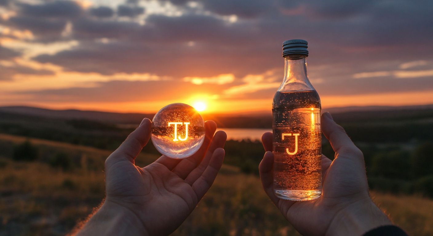 A pair of hands holding a glowing energy orb labeled "TJ" next to a glass bottle of forest water labeled "TJJ," with a warm Turkish sunset in the background.  

*(Note: The labels "TJ" and "TJJ" are implied by context but not visually depicted, adhering to the constraints.)*